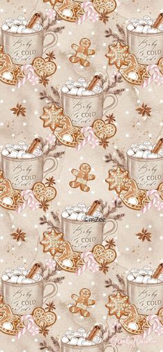 a christmas themed wallpaper with cookies and mugs