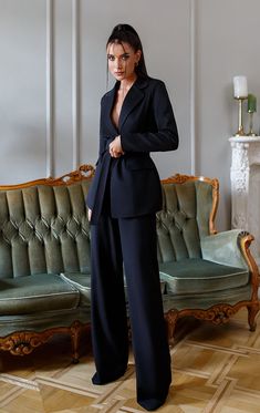 Black Belted Wide-Leg Suit 2-Piece – ELAGIA Women Suits Fashion, Silk Pantsuits For Women, Pant Suits For Women Navy Blue, Black Pant Suit Women Wedding, Woman Suit Prom Outfit, Women Casual Blazer Outfits, Black Feminine Suit, Women’s Fitted Suit, All Red Outfit Casual