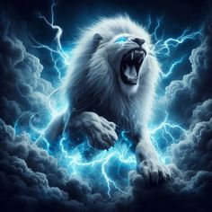 a white lion with its mouth open and lightning in the background