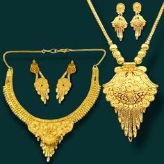 Celebrate timeless elegance with this handmade 22K gold-plated combo necklace set, a perfect choice for festivals, weddings, and special functions. This stunning jewelry set includes two meticulously crafted necklaces, each adorned with intricate detailing, along with matching earrings. The bold design captures the essence of traditional Indian craftsmanship, making it an ideal accessory for sarees, lehengas, and other ethnic attire. Handcrafted with care, this set offers a rich, luxurious gold Kaan Chain, Earrings With Chain, Glamour Jewelry, Necklace Set With Earrings, Real Gold Jewelry, Gold Work, Exclusive Jewelry, Jewellery Set, Traditional Jewelry