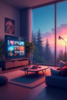 a living room scene with the sun setting