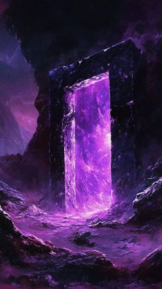 an abstract painting of a purple door in the middle of a rocky area with water