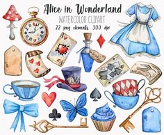 a watercolor clipart set with alice in wonderland items and other things on it