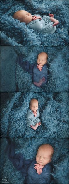 a baby laying on top of a blue blanket in the middle of four different photos