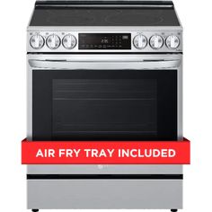 an oven with the words air fry tray included in red ribbon around it's edges