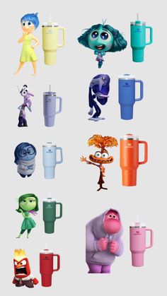 various cartoon characters and their mugs are shown in this graphic style, including the character from inside out