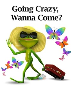 a green frog wearing sunglasses and a hat with butterflies around it, says going crazy, wannan't come?