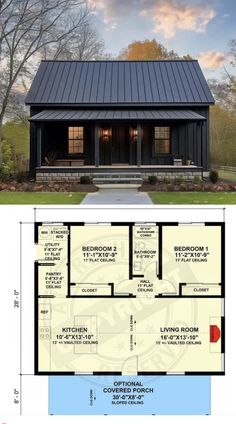 the floor plan for a small cabin with loft and living quarters is shown in two different views