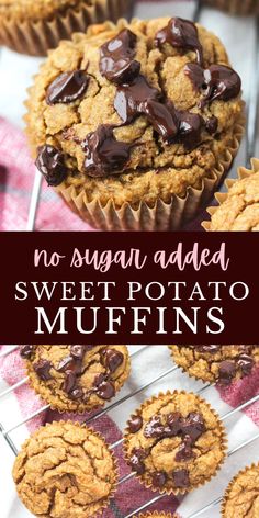 no sugar added sweet potato muffins with chocolate chips on top and in the middle