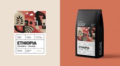 two bags of coffee next to each other on an orange and pink background with the words, ethiopiana