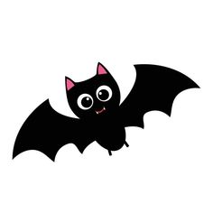 a black bat with pink ears and big eyes on it's back flying through the air