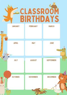 a classroom birthday calendar with animals and balloons