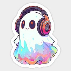 a sticker with headphones and a ghost