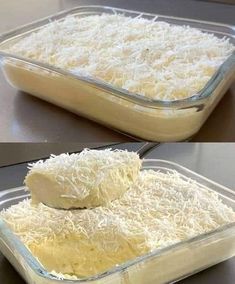 two images show how to make an enchilada in a casserole dish