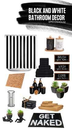 black and white bathroom decor is featured in this graphic