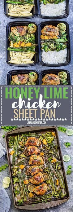 honey lime chicken sheet pan with asparagus and other vegetables in it on a table