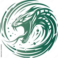 an image of a green and white dragon with its mouth open in a circular design