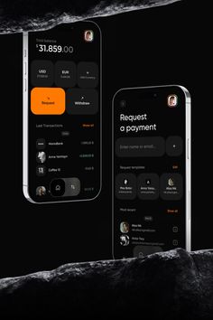 two cell phones sitting next to each other on top of a black surface with the text request a payment