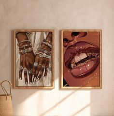 two paintings hanging on the wall next to each other with hands and rings painted on them