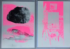 three pink and black paintings on white paper