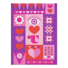 a pink and red poster with hearts, flowers, and other things on it's side