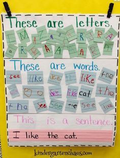 a bulletin board with words and pictures on it that read, these are letters there are words