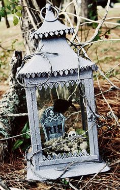 an old lantern is sitting in the woods