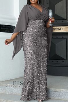 Fisdy - Exquisito vestido de tallas grandes con patchwork de lentejuelas doradas, escote en V y elegante falda envolvente Wedding Guest Dresses Plus Size, Grey Evening Dresses, Sequin Material, Dress Cocktail Party, Autumn Fabric, Sukienki Plus Size, Fall Wedding Guest, Sequin Formal Dress, Elegant Fabric