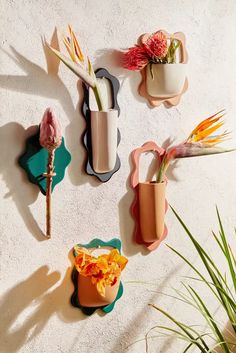 four vases with flowers and plants in them on a white wall next to grass