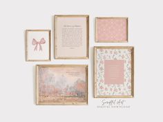 four framed art pieces with pink and white designs on them, including a baby's poem