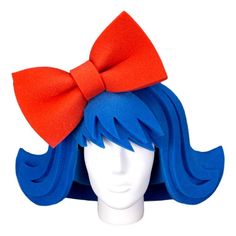 a wig with a red bow and blue hair