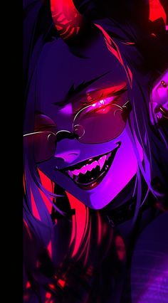 an animated image of a woman with red eyes and demon makeup on her face, in front of a purple background