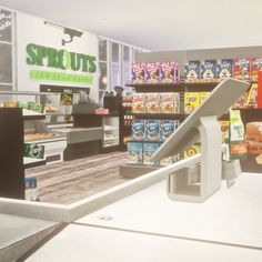 the interior of a grocery store with stairs leading up to shelves filled with snacks and cereals