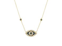 0.35ctw round white and blue diamond, 10k yellow gold evil eye necklace. Measure approximately 18"L x 10/16"W and has a spring ring clasp closure. Black rhodium enhanced prongs around blue diamonds. Gold Evil Eye Necklace, Evil Eye Necklace Gold, 2024 Christmas, Blue Diamonds, Evil Eye Pendant, Evil Eye Necklace, Black Rhodium, Tk Maxx, Girly Jewelry