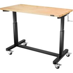 a wooden table with two wheels on the bottom and one leg raised up to it's side