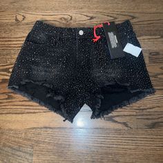 Rhinestone Denim Shorts Black Grey Denim Includeds Tags Excellent Condition Trendy Black Bottoms With Rhinestones, Trendy Black Rhinestone Bottoms, Chic Black Bottoms With Rhinestones, Black Rhinestone Short Bottoms, Black Rhinestone Embellished Short Bottoms, Black Rhinestone-embellished Short Bottoms, Black Denim Jeans For Party, Casual Rhinestone Party Jeans, Casual Stretch Bottoms With Rhinestones