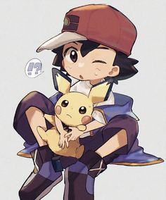 an anime character holding a pokemon pikachu in his arms and wearing a baseball cap