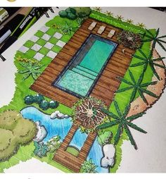 a drawing of a pool in the middle of a garden with trees and plants around it