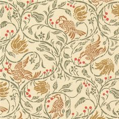 an old wallpaper pattern with birds and berries on the vine design in gold, red and green