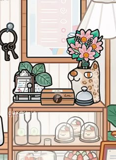 a vase with flowers is sitting on a shelf in front of a lamp and other items