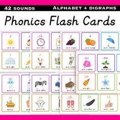 the phonics flash cards are shown in pink and green, with pictures on them