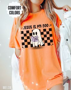 You will love our Halloween Christian T-Shirt for Women. It features a retro ghost graphic on the front of the tee against the trendy checkered pattern. There are 4 beautiful Comfort Colors to choose from.  Stay trendy and share your faith in Jesus this fall season with this Halloween Christian tee. Comfort Colors Unisex T shirt Details: 100% ring-spun cotton Medium fabric (6.1 oz/yd² (206.8 g/m Relaxed fit Sewn-in twill label T shirt Care instructions: Machine wash: cold (max 30C or 90F); Do no San Jose, Christian Fall Shirts, Fall Christian Shirts, Fall Shirt Designs, Fall Shirt Ideas, Halloween Shirt Designs, Halloween Christian, Ghost T Shirt, Christian Halloween