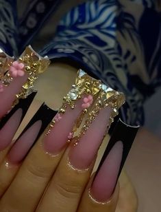 Extra Long Acrylic Nails Square, Xl Birthday Nails, Long Pink Nails With Rhinestones, Cute Long Acrylic Nails, Pink Extra Nails, Pink Blinged Out Nails, Nail Inspo With Gems, Black Bling Acrylic Nails, Long Nail Sets