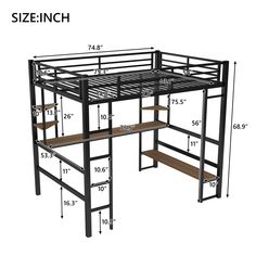 a loft bed with stairs is shown in black and features measurements for the size, width, and height