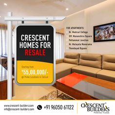 an advertisement for crescent homes for resale in front of a couch and coffee table