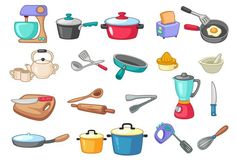 a collection of kitchen utensils and cooking implements