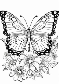 a black and white butterfly with flowers on it's back side, in the shape of a flower