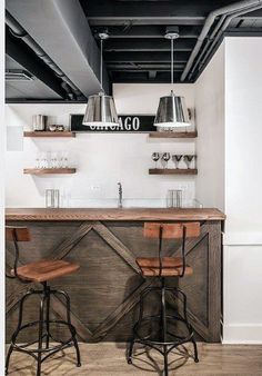 two bar stools sit in front of the counter