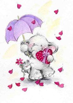 a drawing of a teddy bear holding an umbrella with hearts coming out of the ground