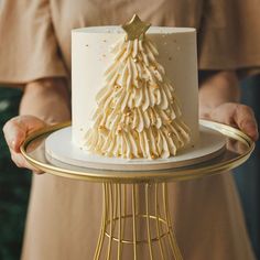 a person holding a cake with white frosting on it and a christmas tree decoration